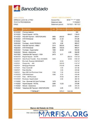 Realistic Chile Banco del Estado de Chile bank statement excel template